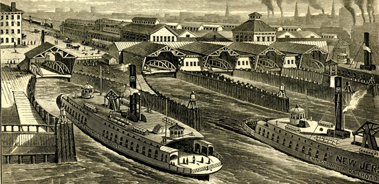 Birds-eye view of Jersey City, New York ferries, and Pennsylvania Railroad Station