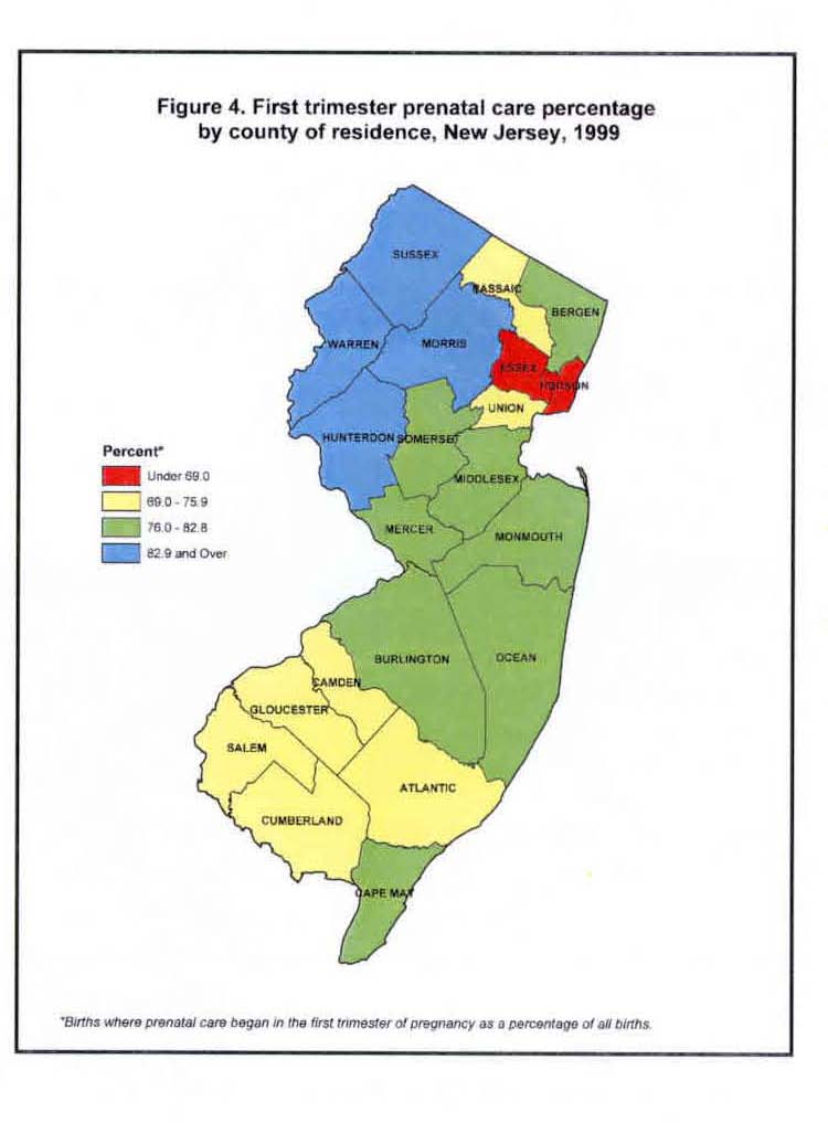 First Trimester prenatal care percentage by county of residence, New Jersey, 1999