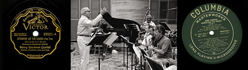 Benny Goodman practicing with a band and two record labels